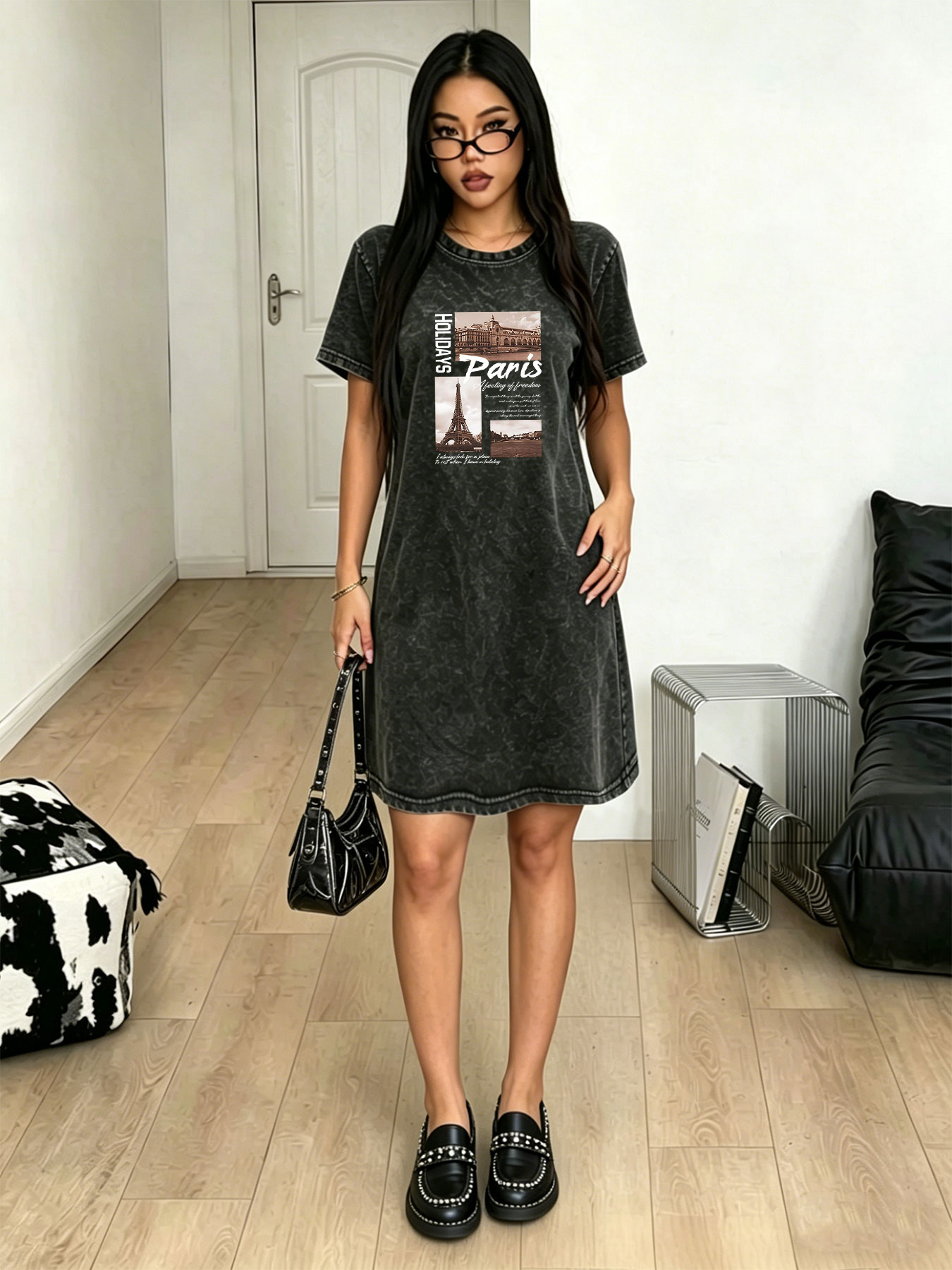 Streetwear Brand Paris - Damen-T-Shirt-Kleid im Vintage-Look, modisches Streetwear-Midikleid mit